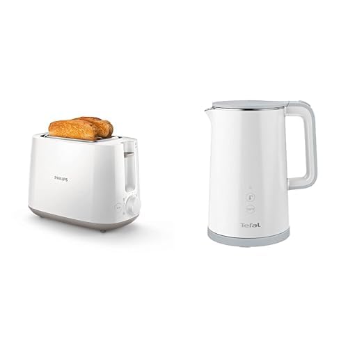 Tefal KO6931 Sense elektriskā tējkanna 1,5 Liter ar digitālo displeju, 5 temperatūras iestatījumi, balta, un Philips HD2581/00 tosteris ar iebūvētu maizīšu uzsildīšanas uzgali, 8 apbrūnināšanas pakāpes, balts