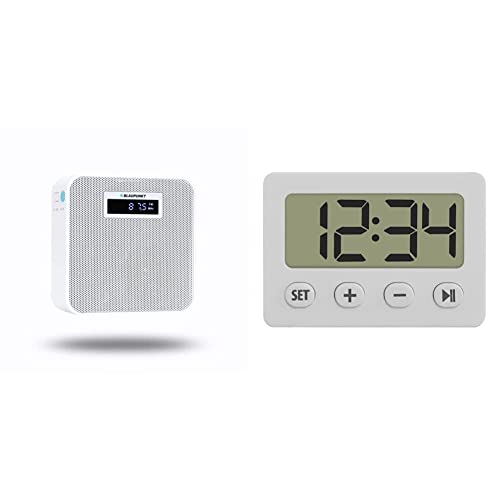 BLAUPUNKT PRB 100, UKW kontaktligzdas radio ar Bluetooth, brīvroku ierīce, 10 stundu akumulatora darbības laiks, balts un TFA Dostmann digitālais modinātājs, gumijas pārklājums, 60.2014.02, balts, Garums 62 x Platums 23 x Augstums 75 mm