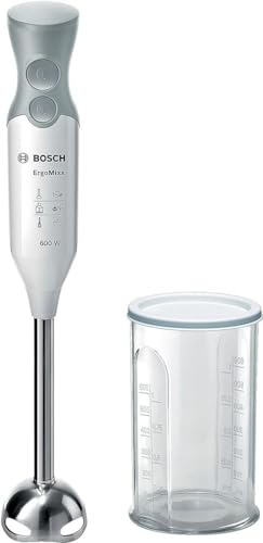 Bosch rokas mikseris ErgoMixx MSM66110, nerūsējošā tērauda maisīšanas kāja, maisīšanas un mērīšanas krūze, 2 ātrumu līmeņi, viegla korpuss, 4 asmeņu nazis, viegla tīrīšana, 600 W, balts/pelēks