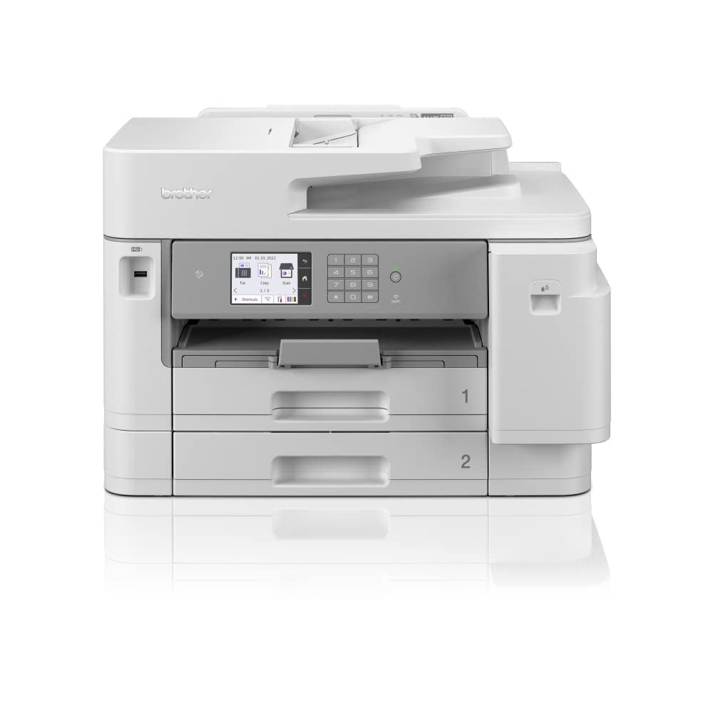 Brother MFC-J5955DW - 4-in-1 A3 inkjet printer, 30 ppm, USB, LAN, WLAN, duplex printing, white/gray, compact design.