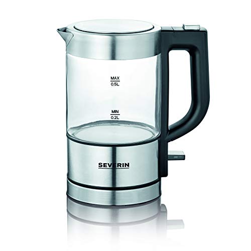 SEVERIN Mini stikla tējkanna 0,5 L - jaudīga, kompakta, elektriskā, ar kaļķu filtru, nerūsējošais tērauds/melns, WK 3472