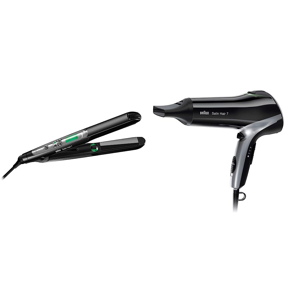 Braun Satin Hair 7 izlīdzināšanas dzelzs un matu žāvētājs, matu izlīdzinātājs ar IonTec, keramikas plāksnēm, melns/sudrabs, 2 m kabelis, 130°C-200°C, 0.7 kg