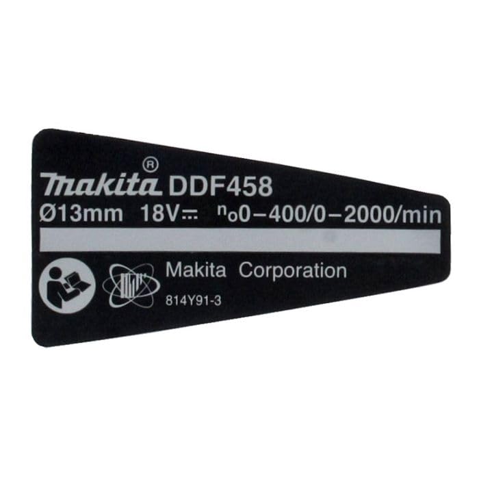 Makita 814Y91-3 tips plāksnīte - DDF458 kombinētā urbjmašīna un skrūvgriezis, augsta kvalitāte un izturība.
