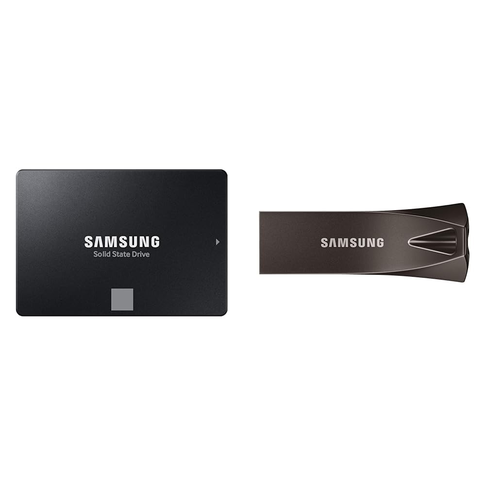 Samsung 870 EVO SSD 1TB - 560MB/s read, 530MB/s write; BAR Plus USB 64GB - 200MB/s read, 30MB/s write.