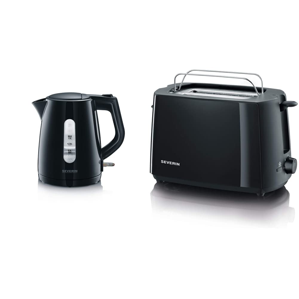 SEVERIN ūdens sildītājs 1,0 L, ar kaļķu filtru, melns, WK 3410 un automātiskais tosteris, tosteris ar maizes cepšanas piederumu, augstas kvalitātes tosteris ar drupatu atvilktni un 700 W jaudu, melns, AT 2287
