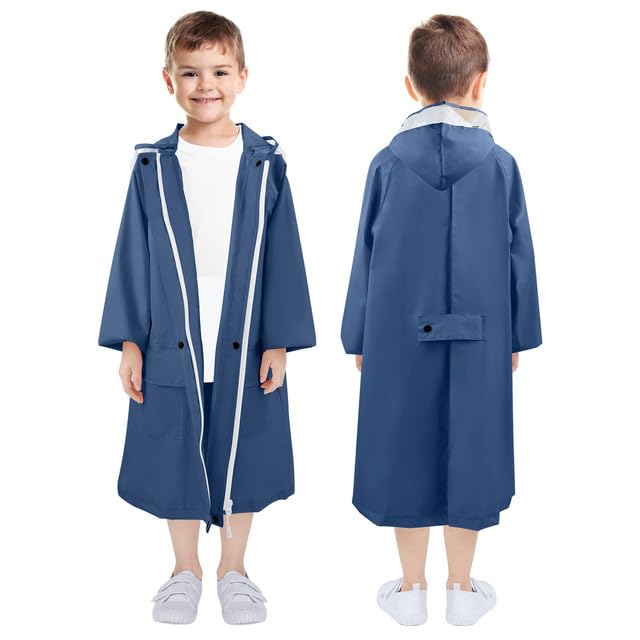 Bērnu lietusmētelis LAMA, lietuspončo meitenēm, viegla ūdensnecaurlaidīga lietus jaka, atkārtoti lietojams lietus apmetnis ar kapuci un mugursomas pārvalku, Navy Blue XL