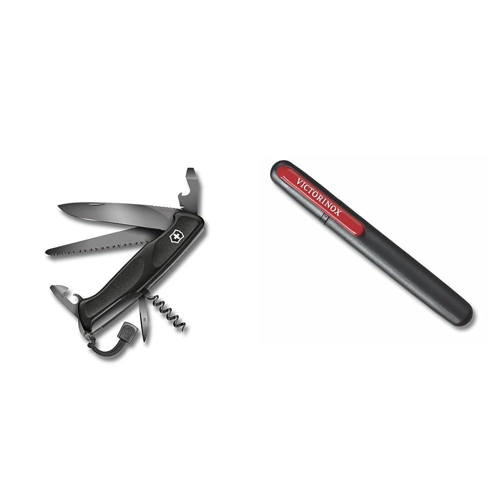 Victorinox, kabatas nazis, Ranger 55 Onyx Black, 130 mm, melns (13 funkcijas, fiksējamais asmens, konservu attaisītājs, skrūvgriezis 3 mm) un divkāršais nažu asinātājs, taisnu asmeņu asināšana, melns/sarkans