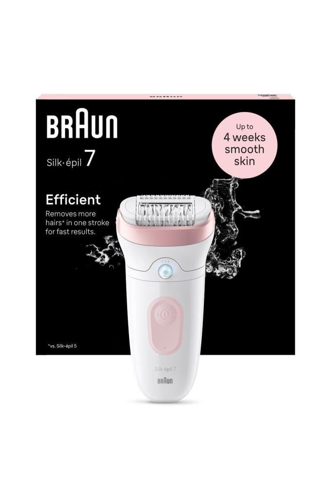 Braun Silk-épil 7 sieviešu epilators, elektriskais epilators sievietēm ar plašu galvu vieglai epilācijai, mitrs un sauss, ilgstoši gluda āda, 7-000, balts/rozā