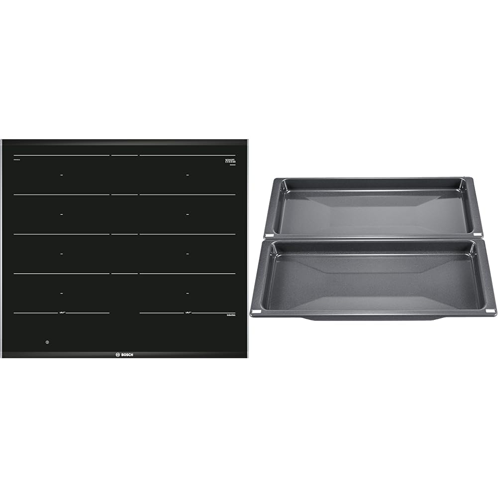 Bosch mājsaimniecības PXX675DC1E sērijas 8 indukcijas plīts (patstāvīga) un HEZ530000 piederumi cepeškrāsnīm, 2 universālās pannas, šaurs formāts, pelēks, ražots Vācijā