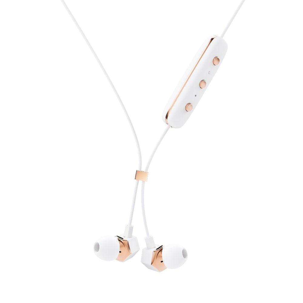 Happy Plugs Earpiece Wireless Bluetooth - Integrated microphone, 3-button remote, sleek white design.
