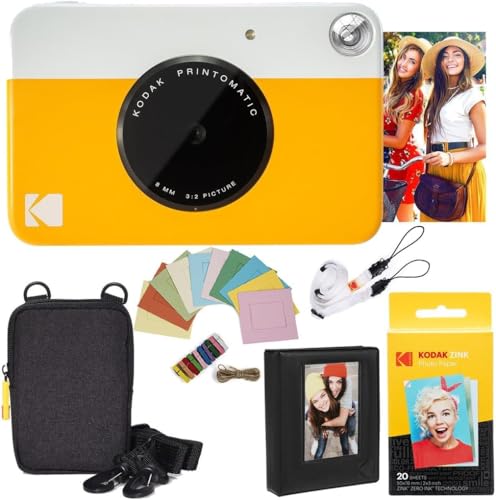 KODAK Printomatic momentkamera - dzeltena, komplekts ar Zink papīru, futrāli, fotoalbumu, piekaramo rāmi un kakla siksnu.