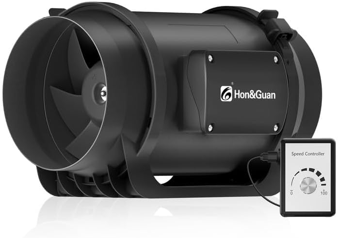 Kanāla ventilators Hon&Guan 150mm kluss ar ātruma regulatoru, EC motors, 798m3/h inline kanāla ventilators, karstumizturīgs ventilators apkurei, dzesēšanai, audzēšanas teltīm, slimnīcām, melns