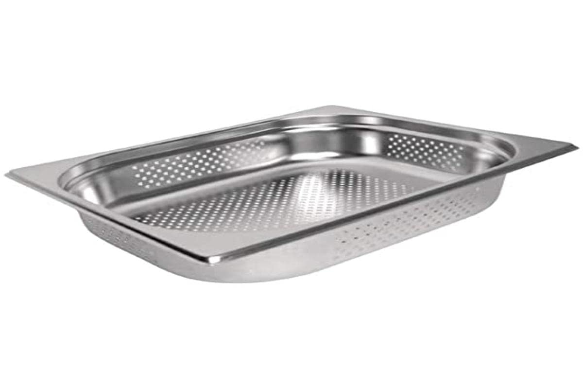 Vogue K845 - 100 mm stainless steel perforated 1/2 Gastronorm pan, ideal for cooking and draining.