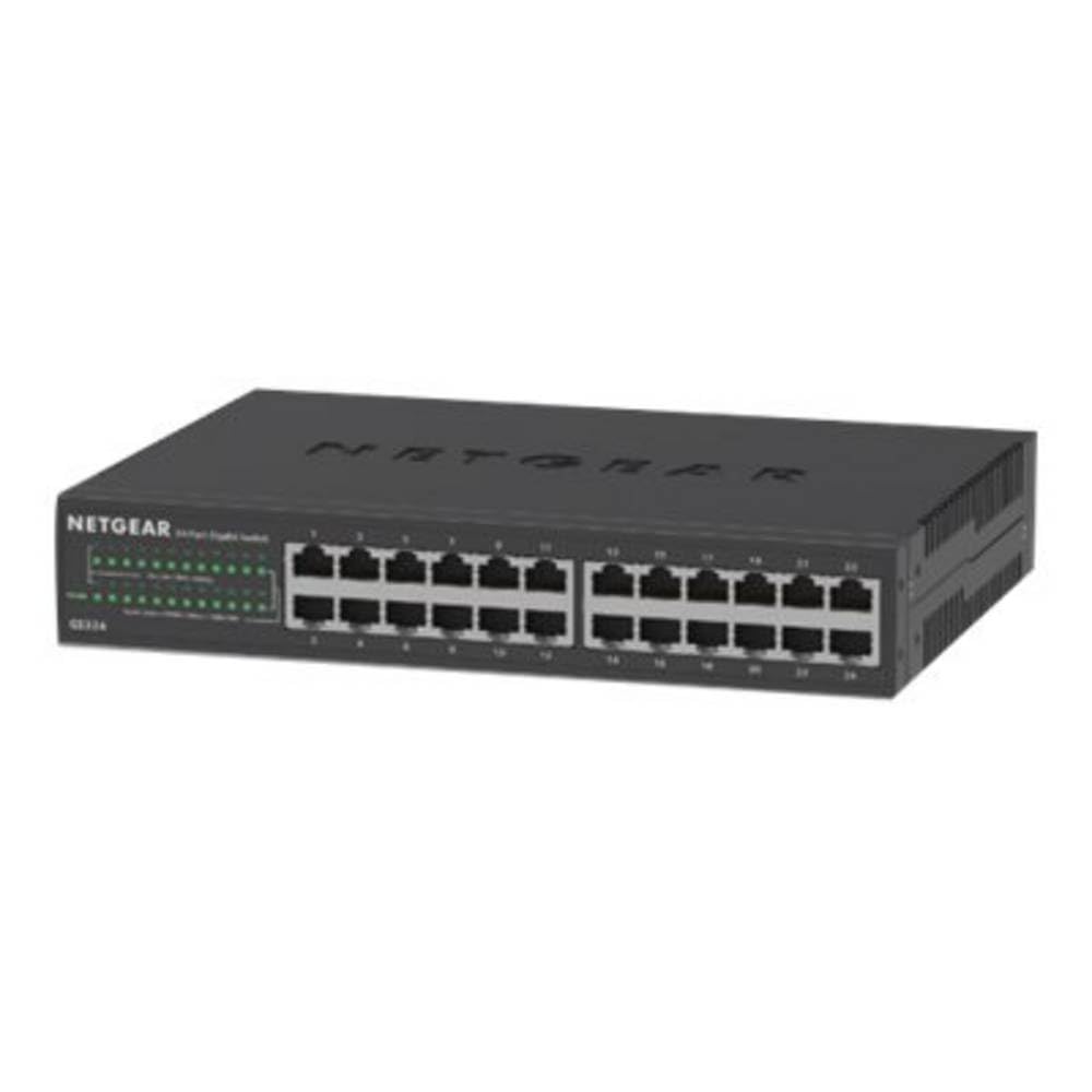 Gigabit Ethernet tīkla slēdzis Netgear GS324, 24 porti, Plug and Play, bez ventilatora, 19 collu statīva montāža, izturīgs metāla korpuss, melns