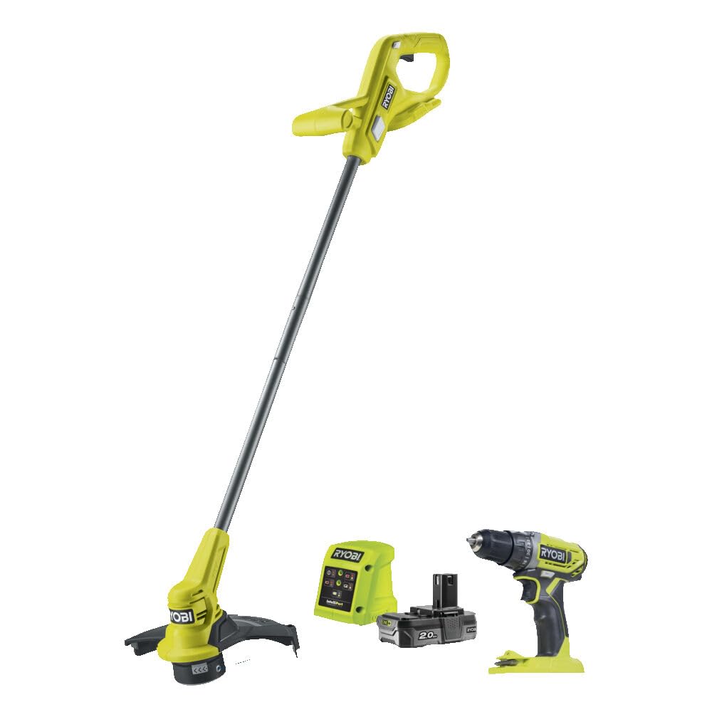 RYOBI 18V ONE+ akumulatora zāles trimmeris un urbjmašīnas komplekts - 23 cm griešanas platums, 2 ātrumi, 24 griezes momenta pakāpes.