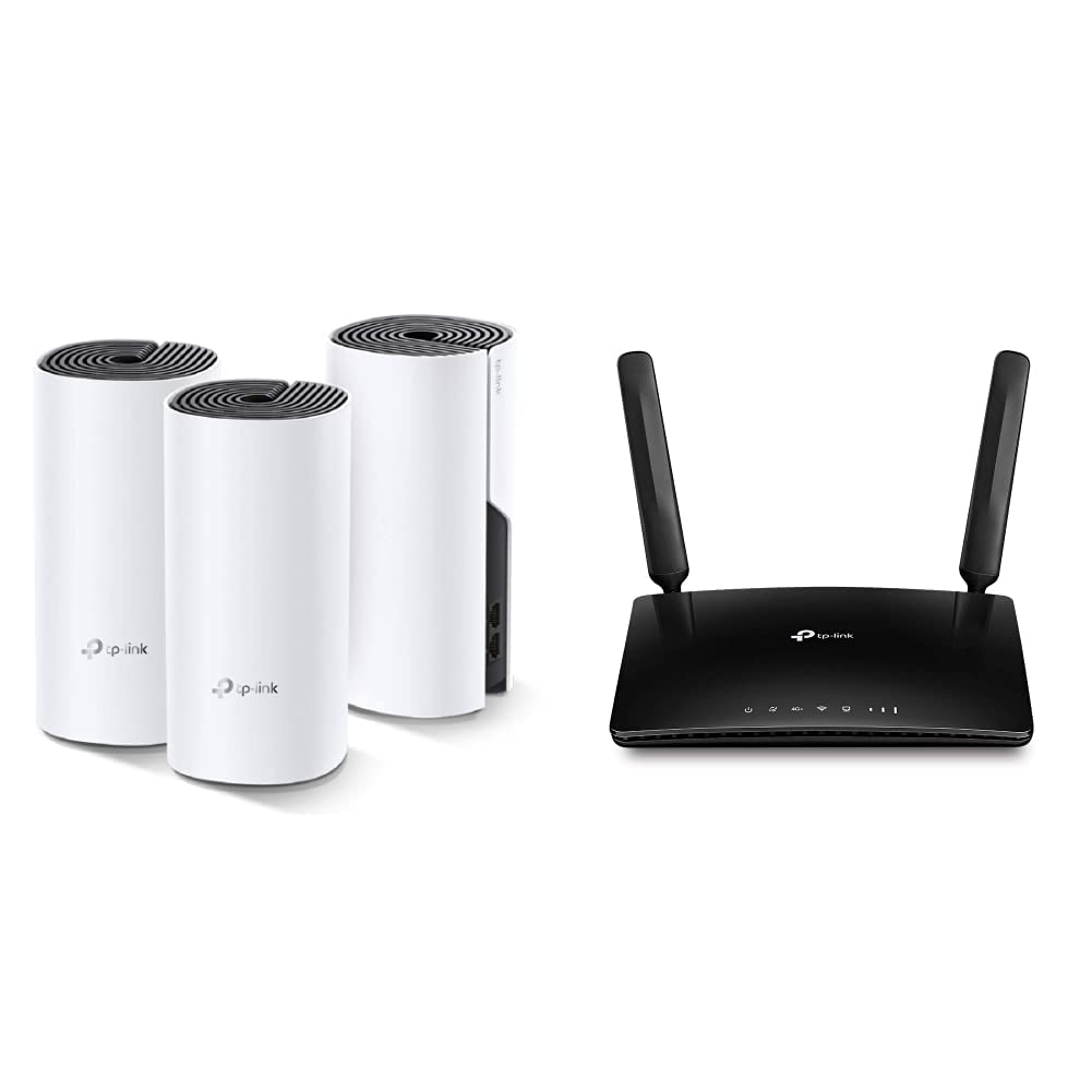 TP-Link Deco M4 Mesh WLAN komplekts (3 gab.), AC1200 divjoslu maršrutētājs un repeater (līdz 370m², 6X Gigabit porti) balts un Archer MR600 AC1200 LTE maršrutētājs divjoslu 4G + Cat6-Gigabit-WLAN maršrutētājs, melns