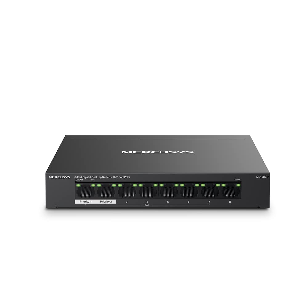 Mercusys MS108GP PoE slēdzis ar 8 Gigabit LAN portiem, 7 PoE+ porti, līdz 30 W katram portam, 65 W kopējā jauda, 802.3af/at PoE, bez ventilatora, Plug-and-Play, izturīgs metāla korpuss