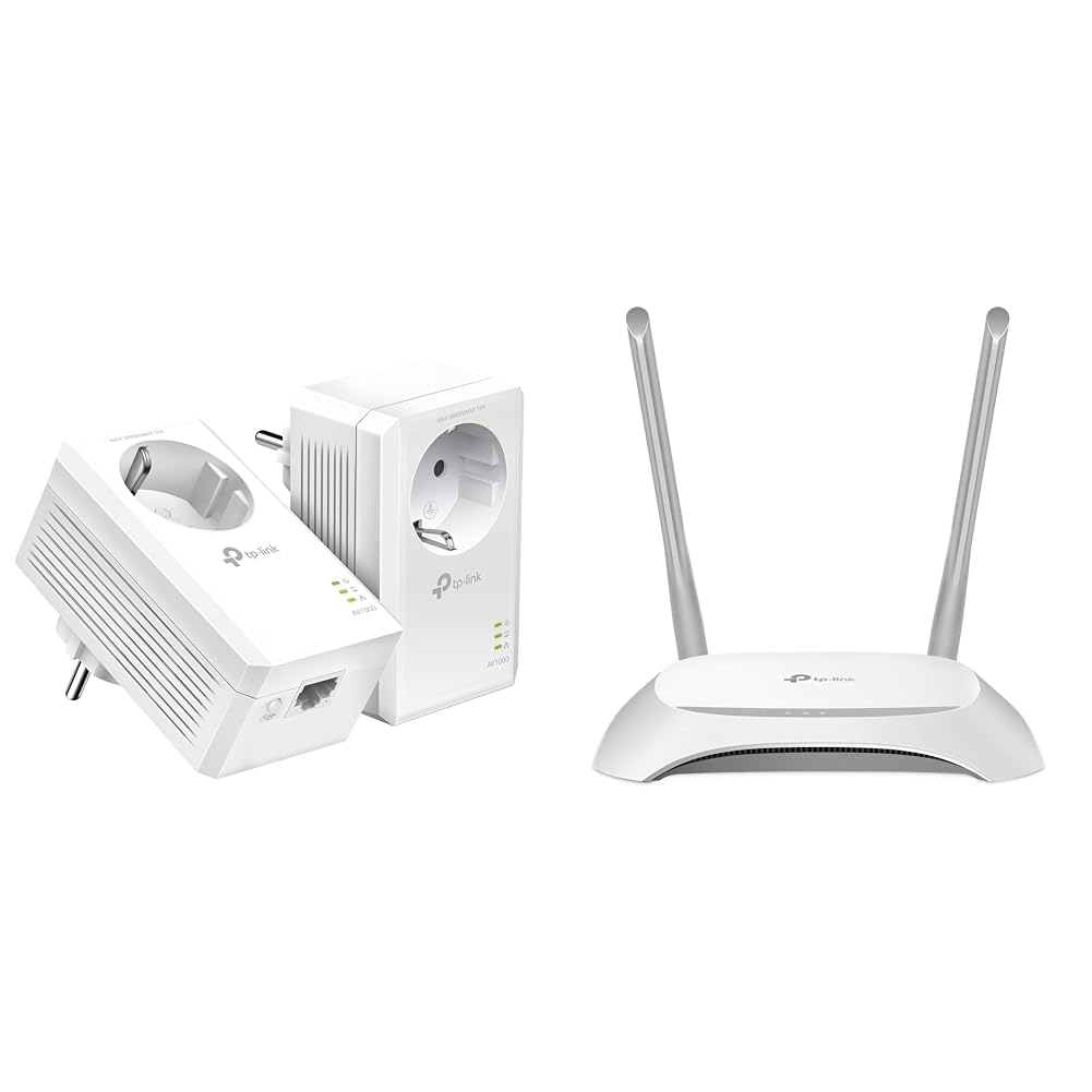 TP-Link Powerline adapteru komplekts TL-PA7017P KIT (1000Mbit/s un TL-WR840N N300 WLAN maršrutētājs (300Mbit/s (2,4GHz), 4 x 10/100Mbit/s LAN porti, IPv6, 2 ārējās antenas, WPS, piekļuves punkta režīms), balts/melns