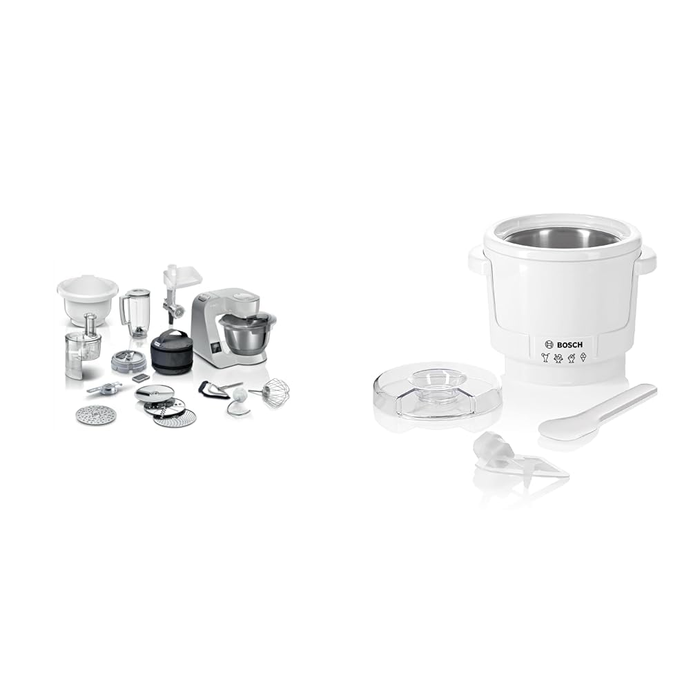 Bosch virtuves mašīna sērija 4 MUM5XL72, integrēta svari, 2x bļoda 3,9L un MUZ5EB2, 550ml, pašdarināts saldējums, sorbets un saldēts jogurts, balts, piemērots virtuves mašīnai sērija 4