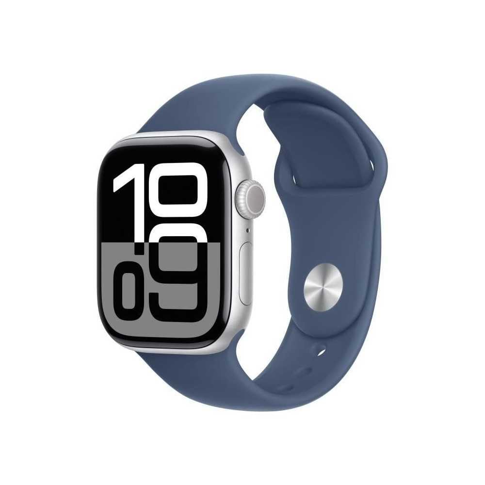 Apple Watch Series 10 - GPS 42 mm, aluminum silver case, denim sport band, fitness tracker, EKG app, always-on Retina display, water-resistant.