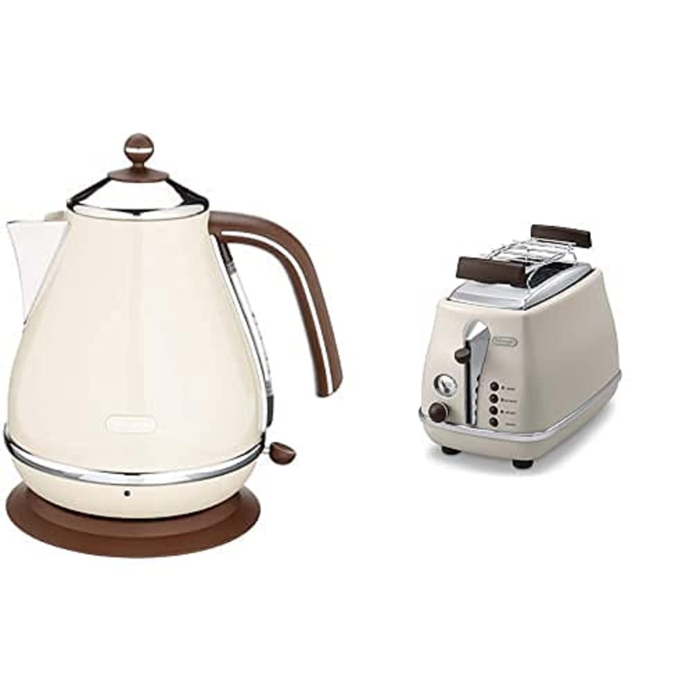Tosteris De'Longhi Icona Vintage CTOV2103.BG - 2 šķēļu tosteris ar maizīšu uzsildīšanas režģi, nerūsējošais tērauds elegantā retro stilā ar hroma detaļām, bēšs un ūdenssildītājs Icona Vintage KBOV2001.BG - 1,7 l, bēšs