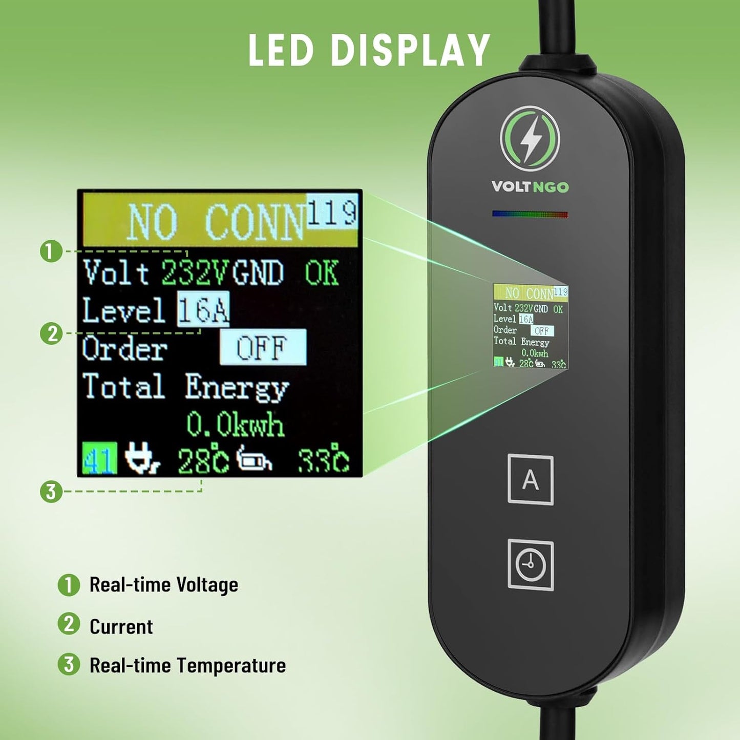 Pārnēsājams EV lādētājs 3.3 kW | Type 2 uz EU 3-Pin | 5m kabelis | Regulējama strāva 6/8/10/13A | LED displejs | IP66 ūdensizturīgs | Laika aiztures funkcija