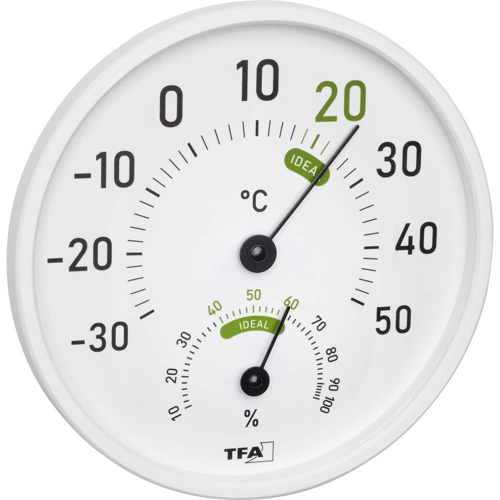 Analogais termohigrometrs TFA Dostmann 45.2045.02 iekštelpām un ārā, ar krāsainām komforta zonām, temperatūras un mitruma kontrolei, balts