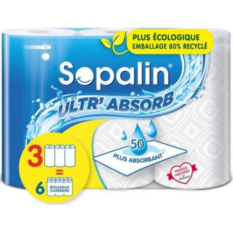 Virtuves papīra dvieļi Sopalin Ultra-Maxi, 3 ruļļi, līdzvērtīgi 6 parastajiem ruļļiem