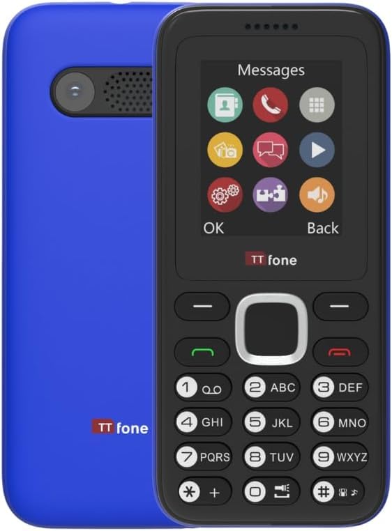 TTfone TT150 - Bluetooth, long battery life, dual SIM, camera, easy to use, durable, lightweight, blue with charger