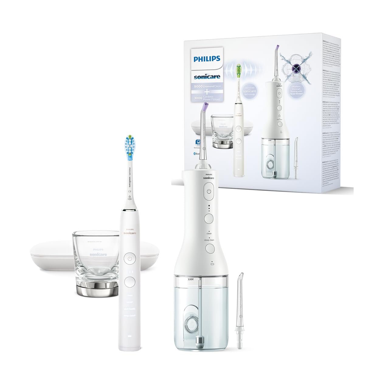 Philips Sonicare bezvadu Power Flosser mutes skalošanas ierīce un DiamondClean 9000 elektriskā zobu birste – Tīri zobi, tīra smaganas un aplikuma noņemšana, balta (modelis HX3886/41)