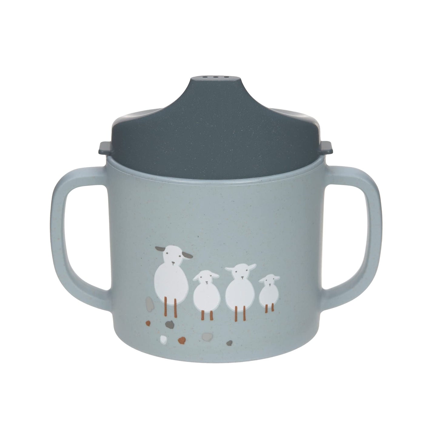 Bērnu mācību krūzīte ar rokturiem un noņemamu vāciņu LÄSSIG Tiny Farmer Sheep/Goose blue, 150 ml
