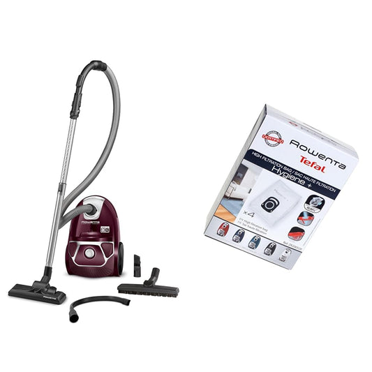 Rowenta RO3969 Compact Power Vacuum - 750W, 3L dust bag capacity, dark red/silver, includes 4 Hygiene+ ZR200520 bags.