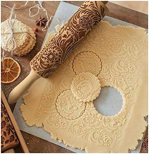 Ziemassvētku mīklas rullītis ar rakstu, 3D alņa, sniegpārslu, paisley un olīvkoka zaru raksti, koka rullītis cepumiem un DIY cepšanai (43 cm*5 cm)