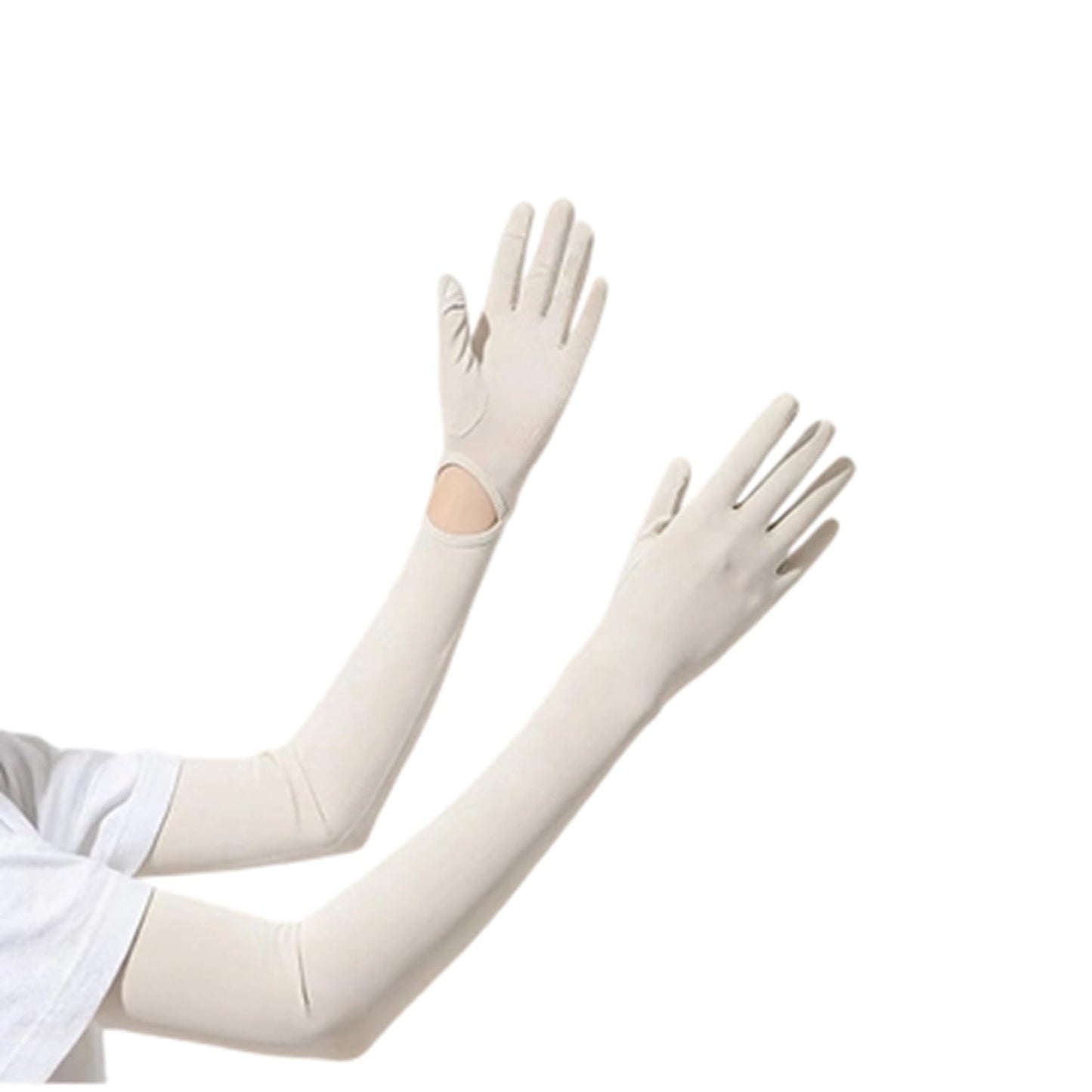 BrightGlow UV saules aizsargcimdi UPF 50+, dzesējošas roku piedurknes, velobraukšanas UV piedurknes ar cimdiem, gari saules aizsargcimdi āra aktivitātēm, bēši