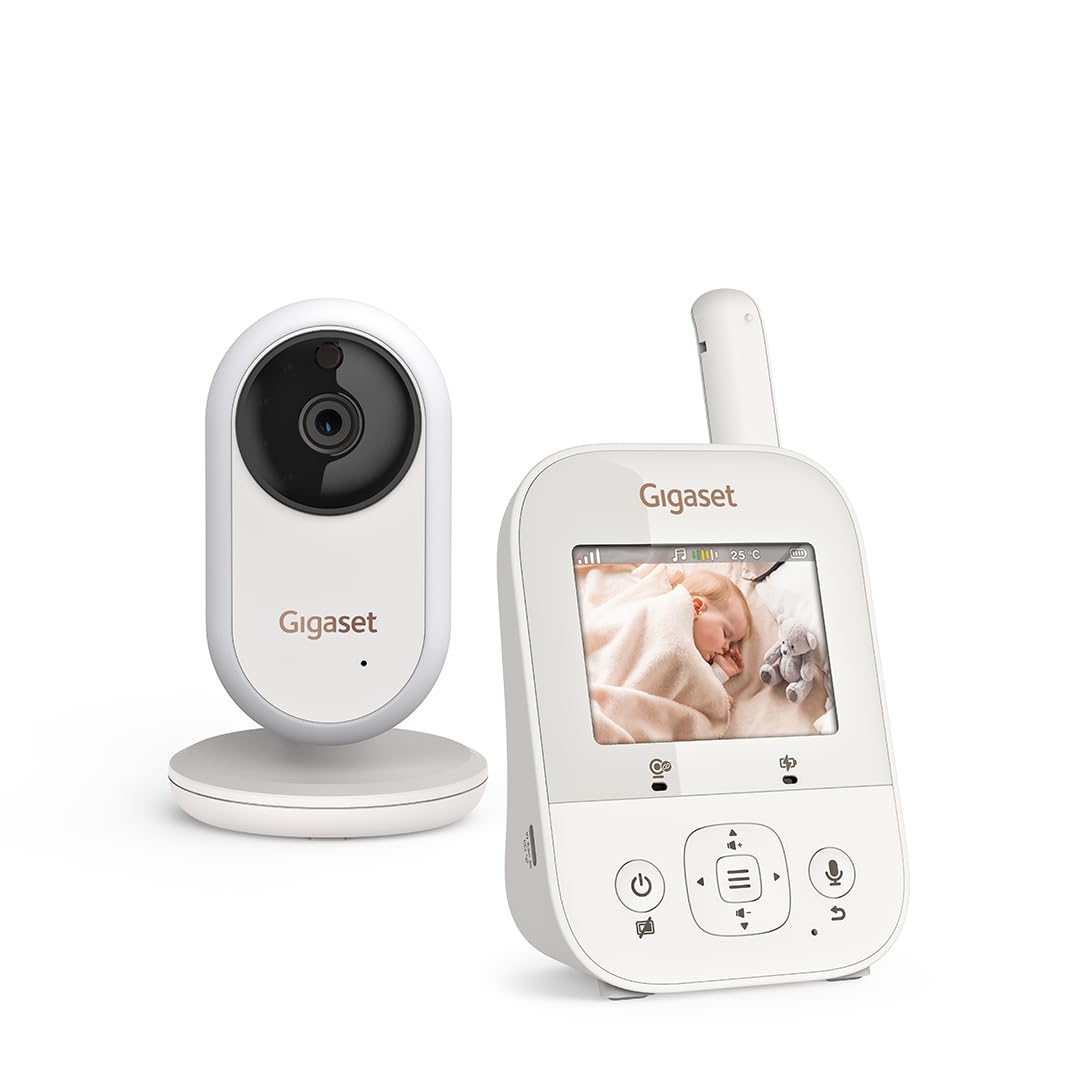 Video mazuļa monitors Gigaset Baby 300 Video ar divvirzienu audio, drošu FHSS tehnoloģiju, 2,8“ LCD ekrānu, ilgu akumulatora darbības laiku, naktslampiņu un temperatūras sensoru, krēmīgi balts/silti pelēks, vācu versija