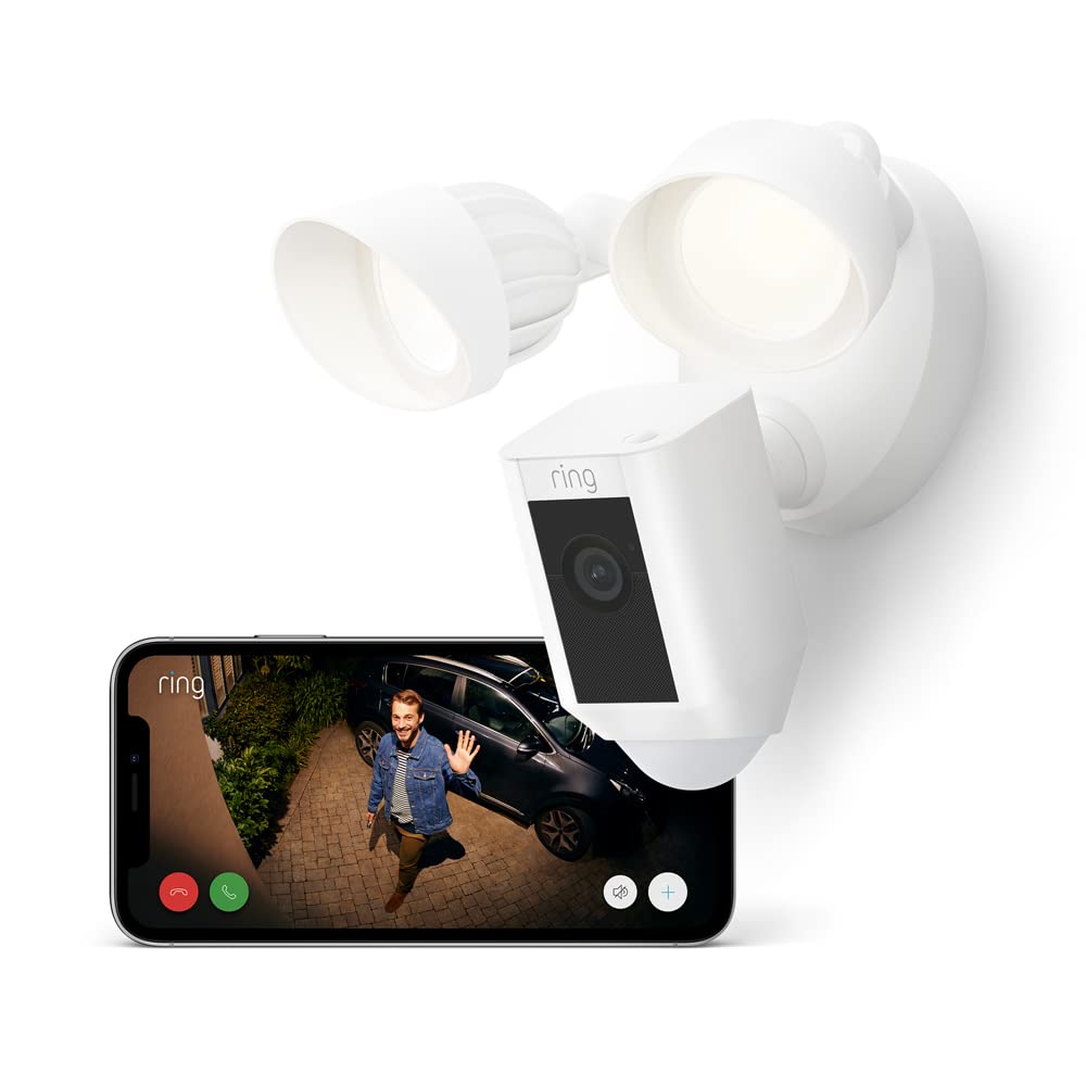 Ring Plūdu gaismas kamera Plus kabelis (Floodlight Cam Wired Plus) | Uzraudzības kamera ārā ar Wi-Fi, HD video, LED plūdu gaismu, nakts redzamību, kustības noteikšanu un sirēnu | Alexa saderīga drošības kamera