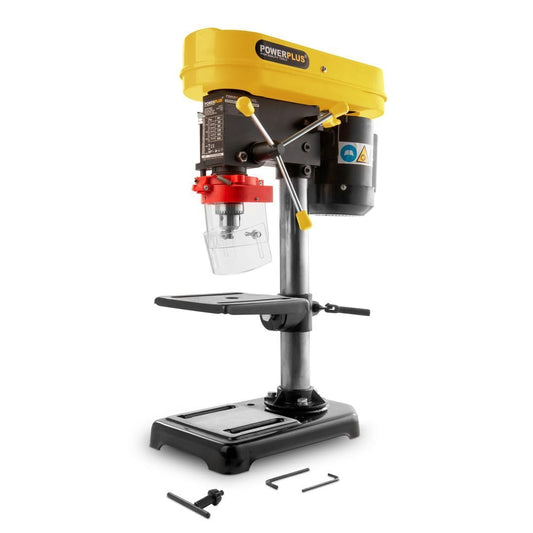 POWER plus stacionārā urbjmašīna POWX153 - Urbšana kokam un tēraudam līdz 50 mm, 5 ātrumi, 350 W, regulējams galds 160 x 160 mm.