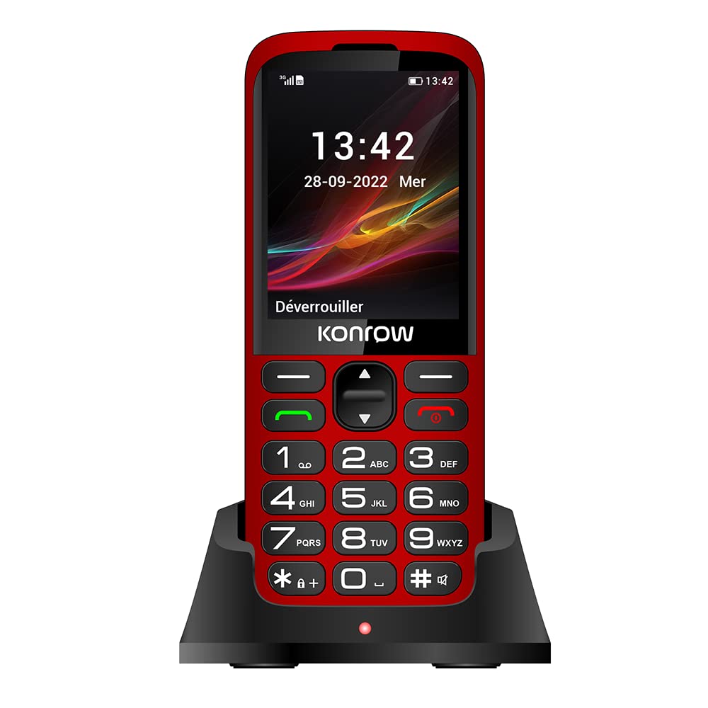 Konrow Senior 280 - Lielas pogas, 2,8'' displejs, Dual SIM, SOS poga, kamera, Bluetooth, 32MB RAM, sarkans