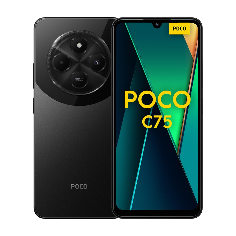 Poco C75 - 6GB RAM, 128GB storage, 6.88" display, 50MP dual camera, 5160mAh battery, Android smartphone.