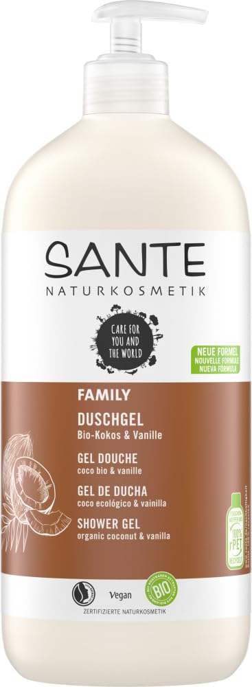 Dušas želeja SANTE Naturkosmetik ar eksotisku aromātu, ģimenes izmēra dušas kopšana maigai ādai, ar bio kokosriekstu un bio alveju, Family dušas želeja, 1 x 950 ml
