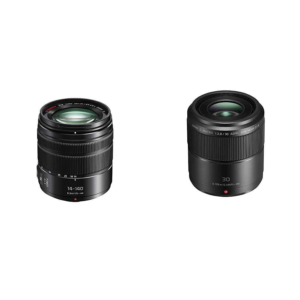 Panasonic H-FSA14140E Superzoom objektīvs LUMIX G (14-140mm (KB), putekļu aizsardzība, ūdensizturība, F3,5-5,6 II ASPH. Power OIS & H-HS030E LUMIX G makro 30 mm F2.8 ASPH. objektīvs