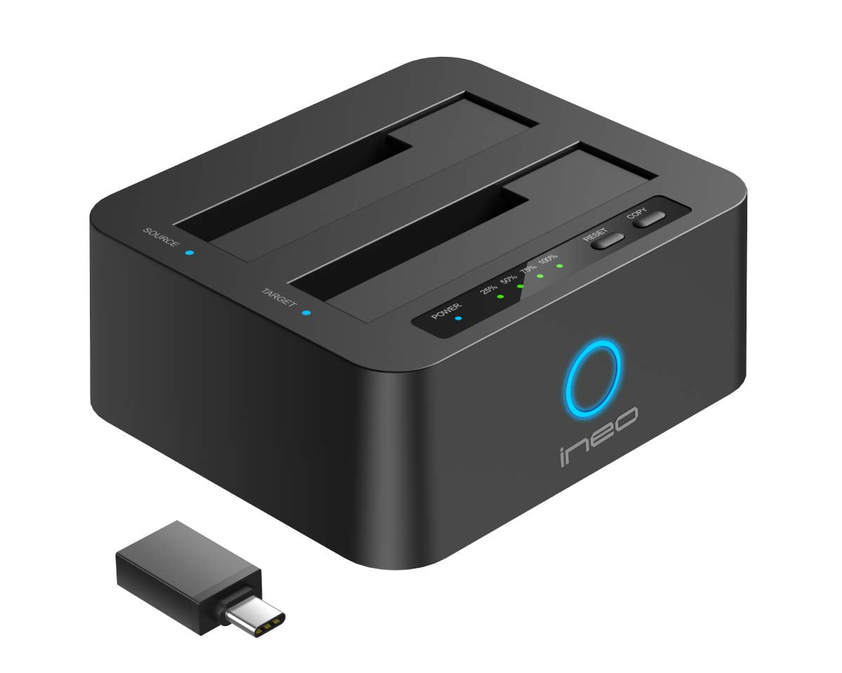 KozyGear ineo | 2 veidu USB 3.0 HDD/SSD dokstacija | Offline klonēšanas stacija | Iekļauj USB-C adapteri, barošanas avotu 12V 3A | 2.5 & 3.5 collu HDD/SSD