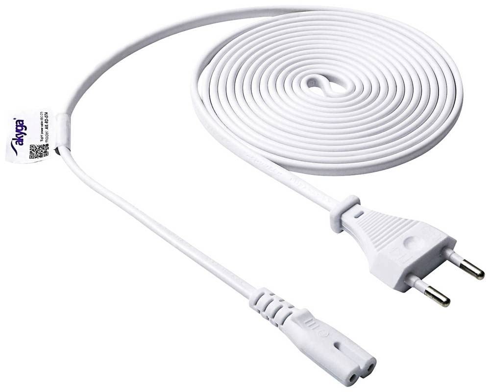 Akyga AK-RD-07A - 3m white power cable for laptops, CCA CEE 7/16 / IEC C7, durable and flexible design.