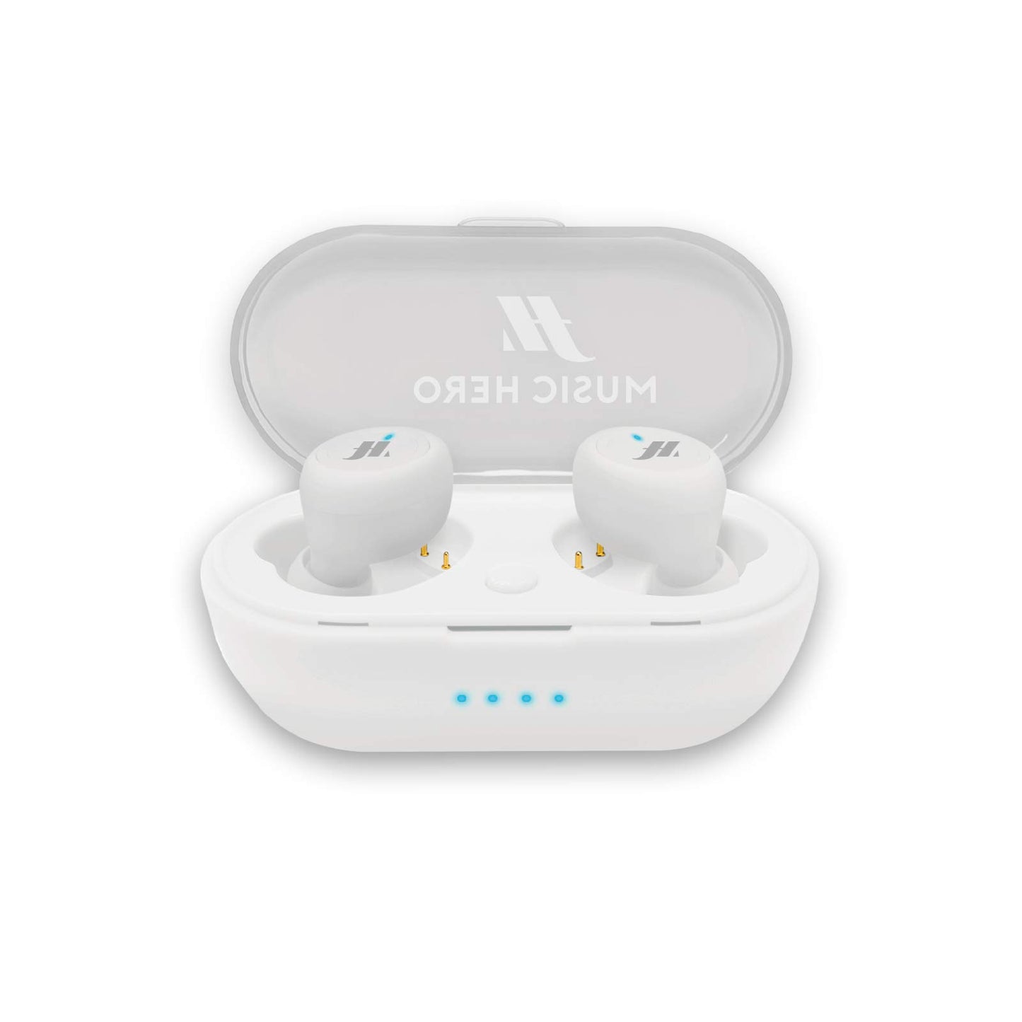 MUSIC HERO TWS - bezvadu stereo austiņas ar 300 mAh uzlādes staciju, mikrofonu un 4 silikona uzgaļiem, baltas.