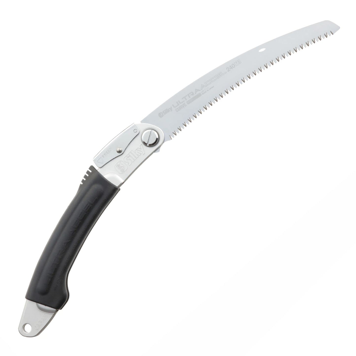 Salokāmais zāģis Silky Ultra Accel Curve 240 mm, izliekts asmens ar rupju Mirai-Me zobojumu 7,5 ZpZ, alumīnija gumijas rokturis ātriem griezumiem darbos virs galvas un koku kopšanā