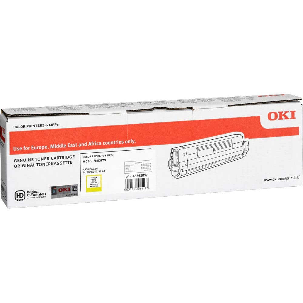 Oki MC853/873 toner - Yellow, 7,300 pages yield, high-quality printing, compatible with Oki printers.