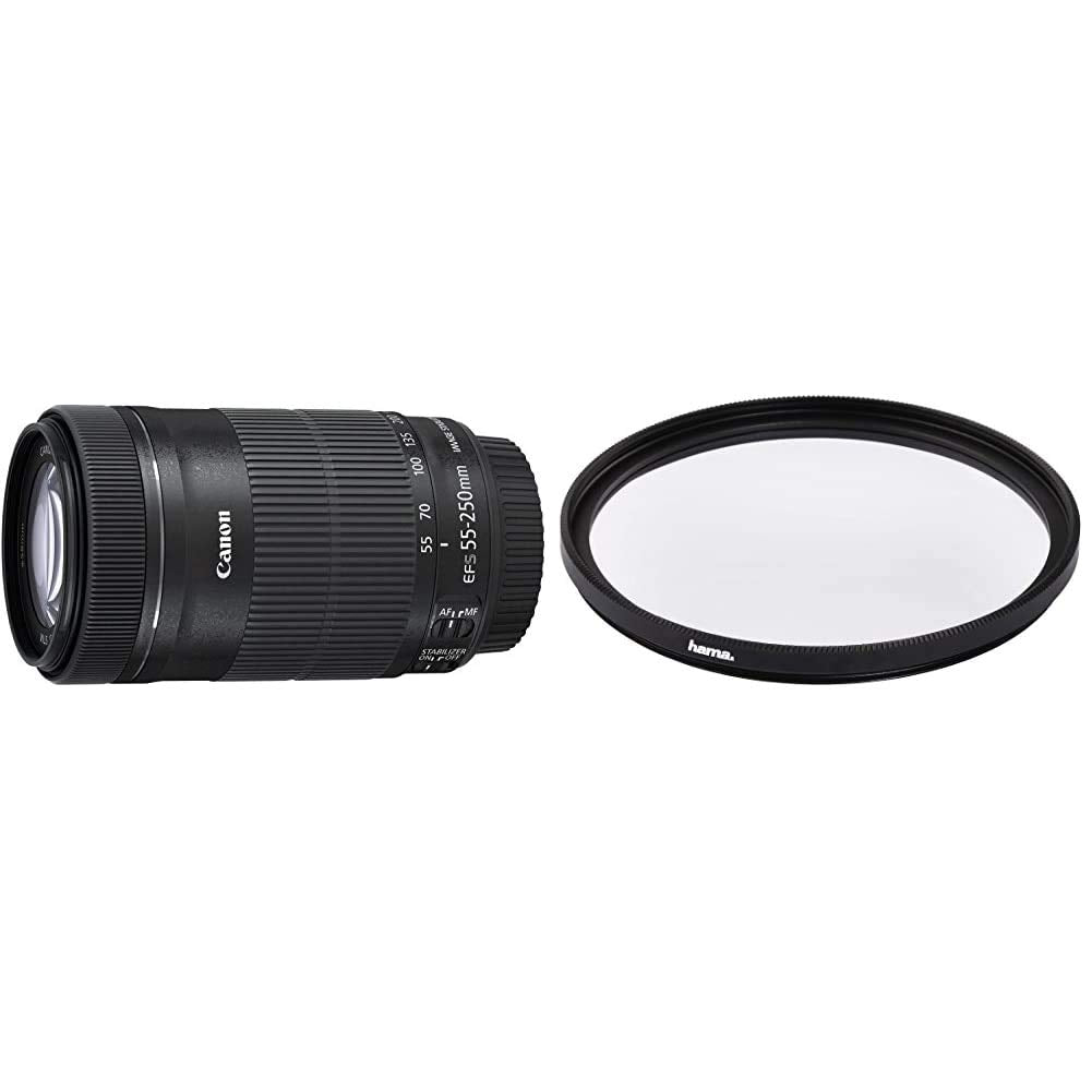 Canon telefoto zoom objektīvs EF-S 55-250mm F4-5.6 is STM telefoto zoom EOS (58mm filtra vītne, optiskais attēla stabilizators), melns & Hama UV filtrs 58mm (aizsargfiltrs ar 4x pārklājumu)