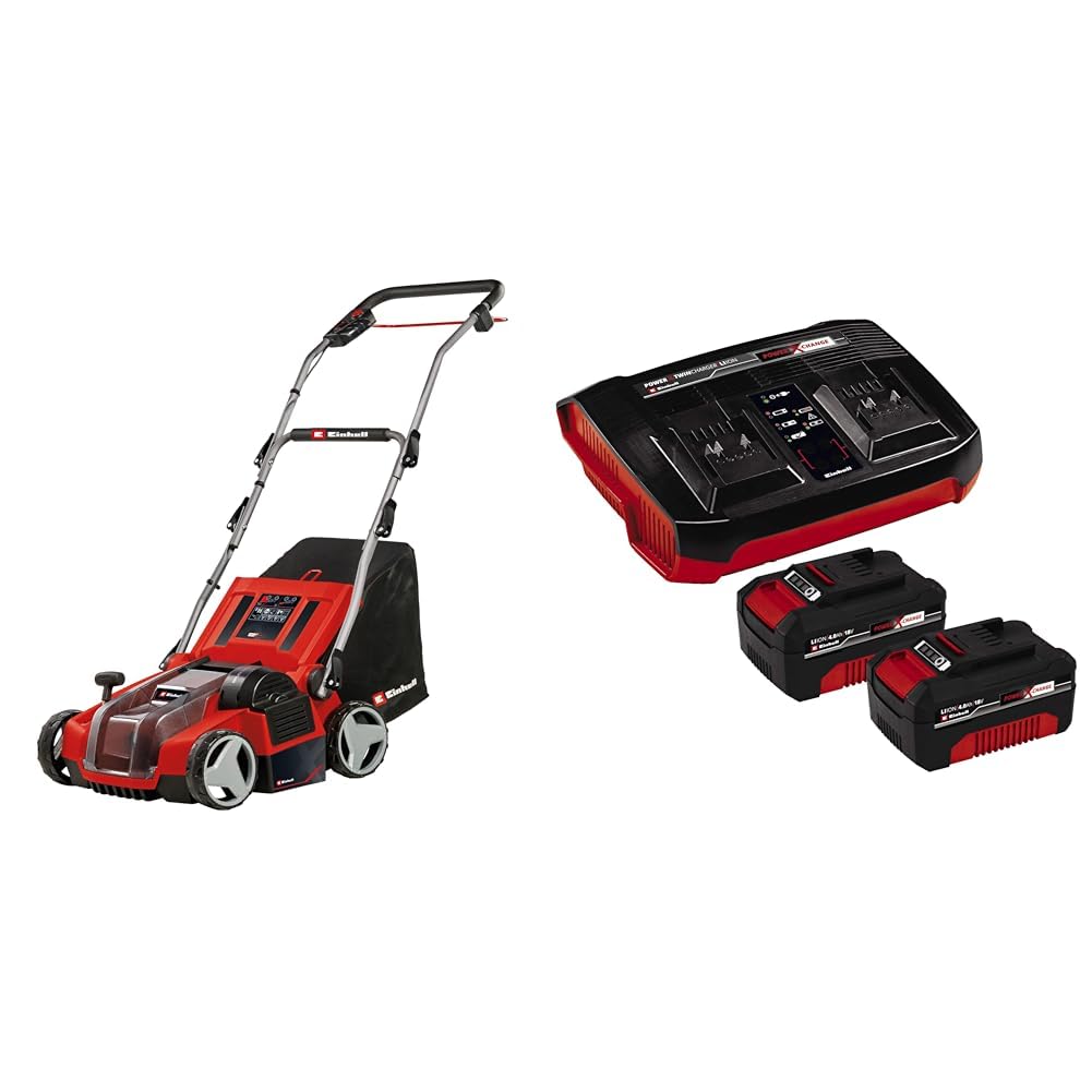 Einhell akumulatora skarifikators-aerators GE-SA 36/35 Li Power X-Change, 36 V, bezoglīšu motors, 35cm nažu veltnis, 28L savācējmaiss, regulējams darba dziļums, iekļ. 2x 4,0 Ah akumulators un divvietīgs lādētājs