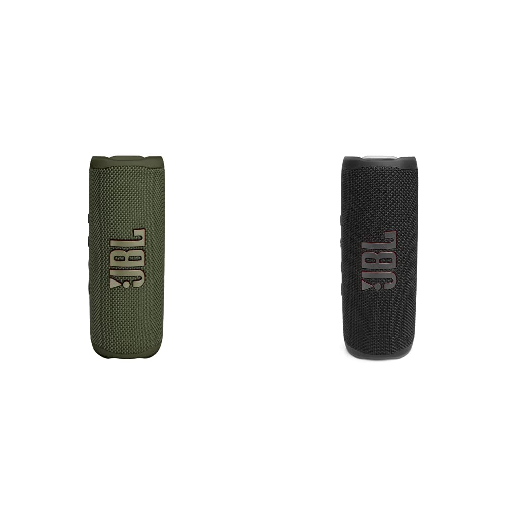 JBL Flip 6 Bluetooth kaste zaļā krāsā – ūdensizturīgs, portatīvs skaļrunis ar 2 ceļu skaļruņu sistēmu jaudīgam skaņai – līdz 12 stundām un Flip 6 Bluetooth kaste melnā krāsā