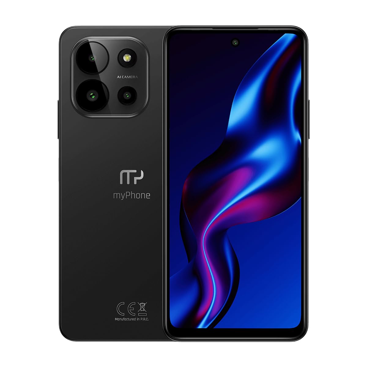 myPhone N23 5G - Elegant black smartphone with NFC, 5000mAh battery, 50MP camera, includes free case.